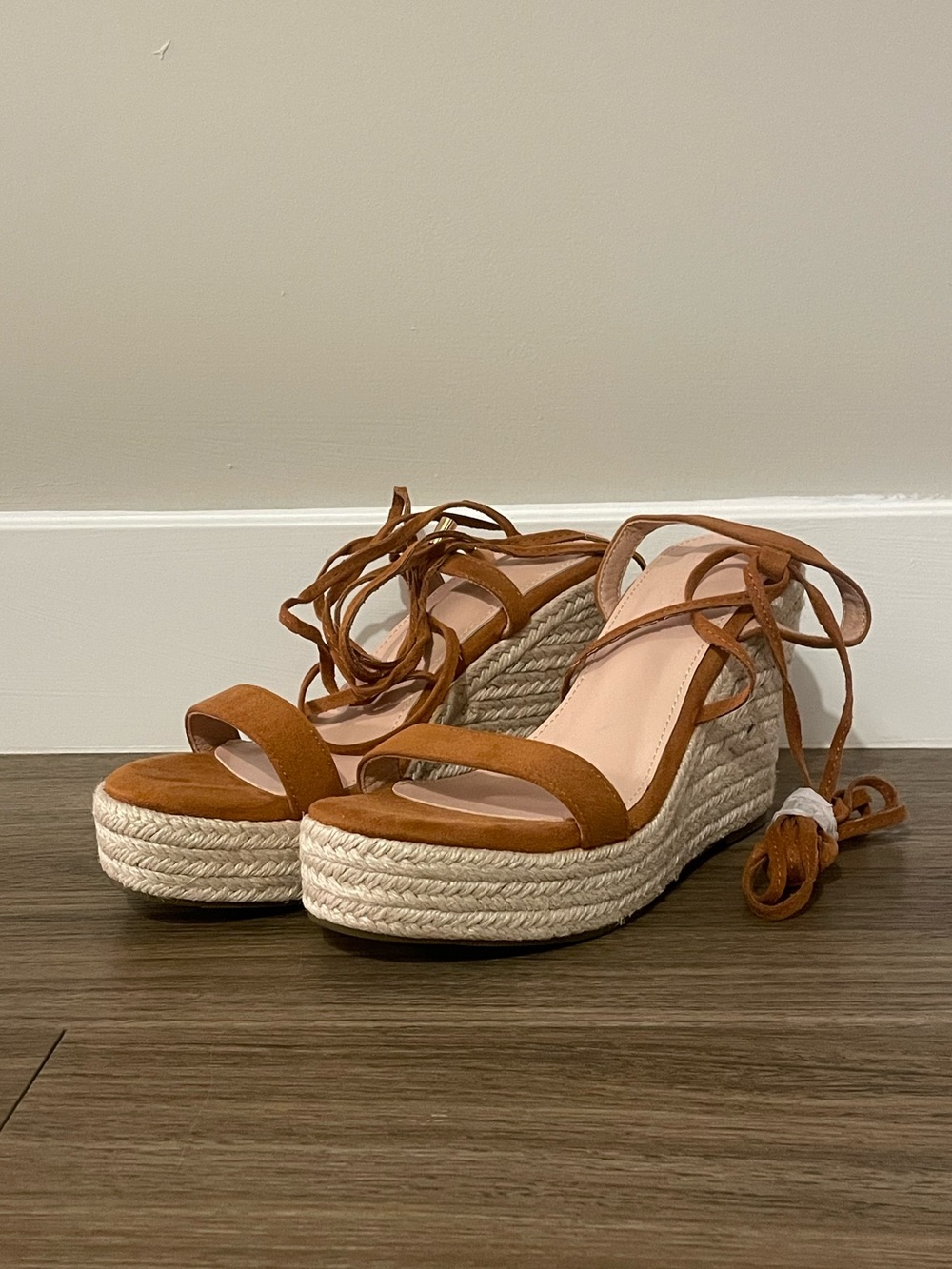 Women's Tan Espadrille Wedge Sandals with Wrap Ankle Straps